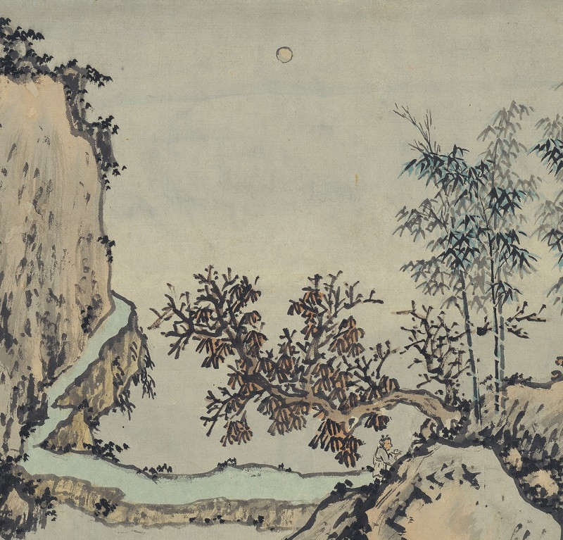 沈周 中秋赏月图 古代名家山水画人物国画真迹微喷复制装饰画临摹