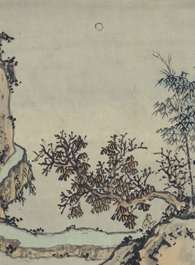 沈周 中秋赏月图 古代名家山水画人物国画真迹微喷复制装饰画临摹