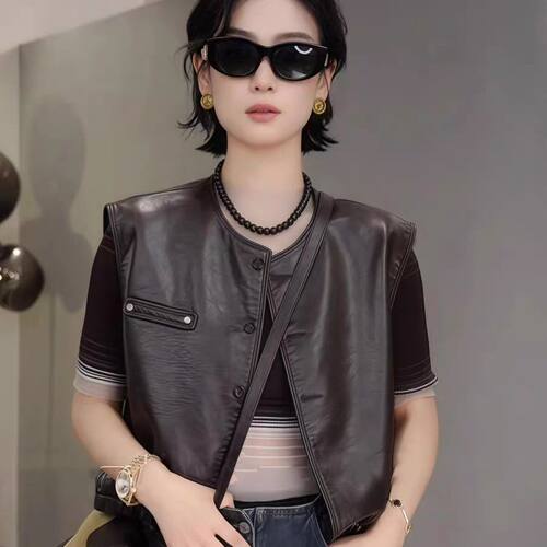 复古PU皮马甲女短款2025秋季新款韩版时尚休闲机车服坎肩马夹外套 - 图2