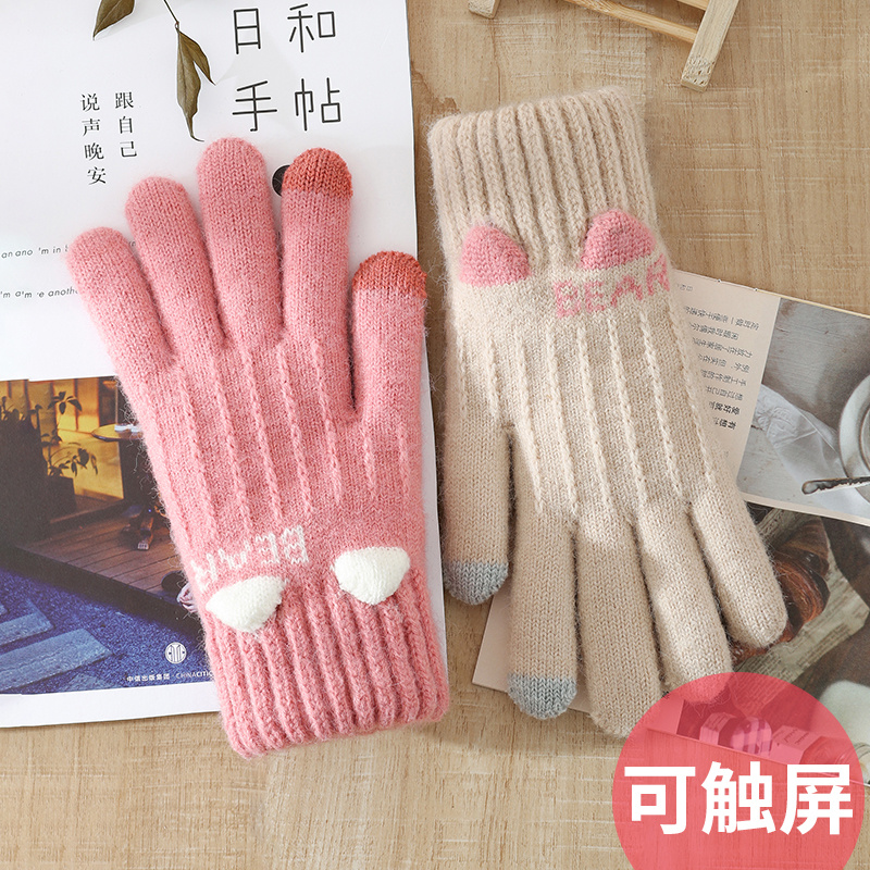触屏手套女冬可爱韩版双层加绒加厚针织毛线五指骑行冬天保暖防寒 - 图0
