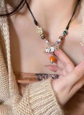 新中式国风禅意复古陶瓷项链女招财纳福小众设计感手工编织锁骨链