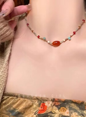 新中式天然玛瑙串珠项链女夏复古民族风汉服国潮风配饰流苏锁骨链