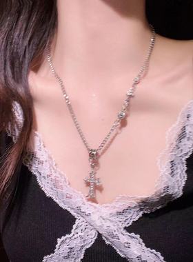 潮酷辣妹十字架满钻吊坠项链女轻奢小众颈链设计感高级长款锁骨链