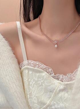 水晶颈链高级感轻奢复古重工项链女巴洛克水滴珍珠锁骨链设计配饰