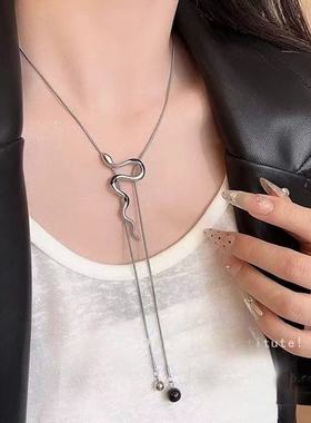 冷淡风抽拉银色蛇形项链女本命年轻奢小众高级感长款毛衣链配饰品