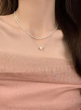 双层叠戴天然珍珠项链女款气质高级设计感小众轻奢颈链超闪锁骨链