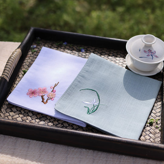Plum, Orchid, Bamboo and Chrysanthemum Embroidered Cotton Handkerchief
