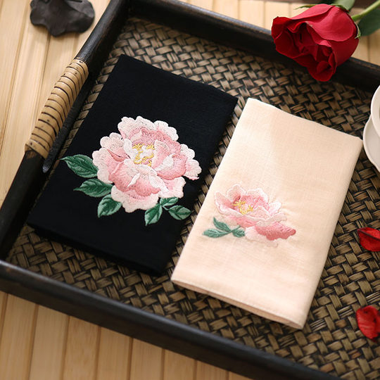 Taschentuch, bestickt, antiker chinesischer Stil, besonderes Geschenk für Männer und Frauen, schweißabsorbierendes tragbares Taschentuch aus Baumwolle, weicher quadratischer Schal, Pfingstrose