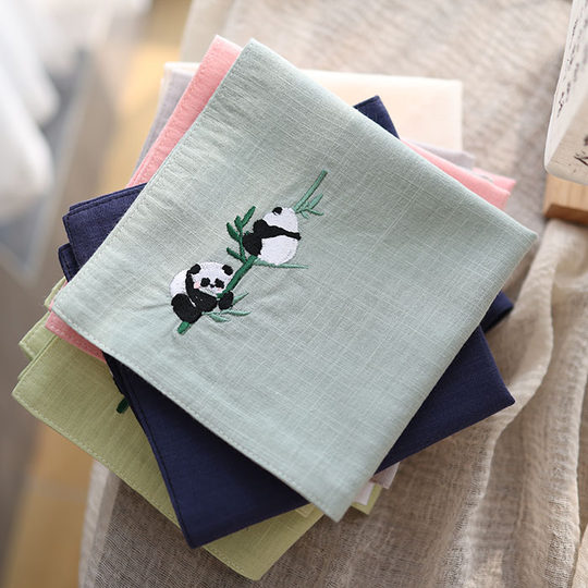 Pure cotton embroidered handkerchief, Chinese style gift for foreigners studying abroad, portable sweat-absorbent square scarf, giant panda