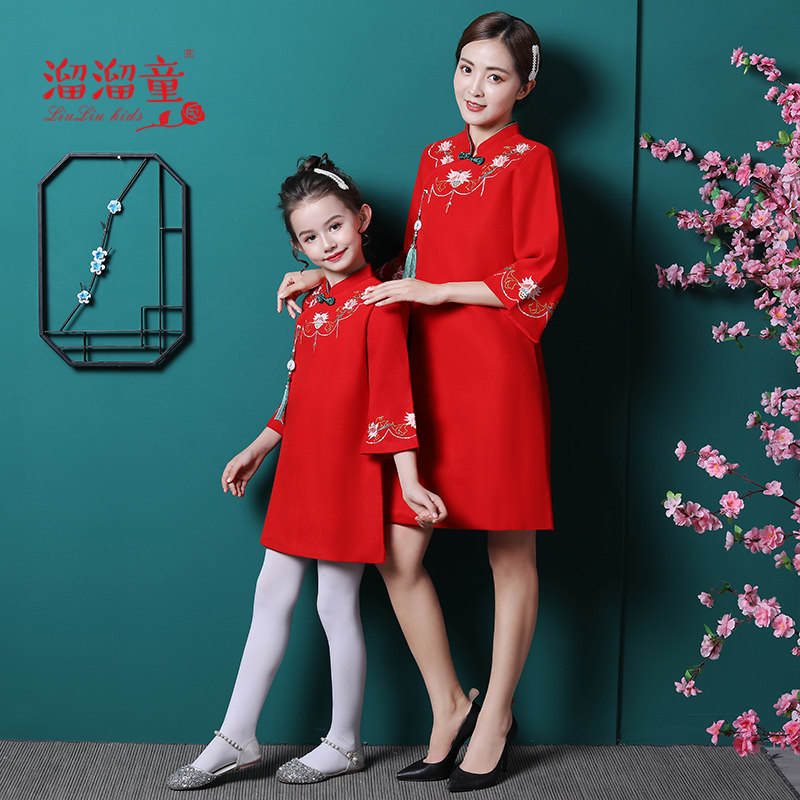 秋冬旗袍洋气母女装红色过年连衣裙 溜溜童亲子装/亲子时装