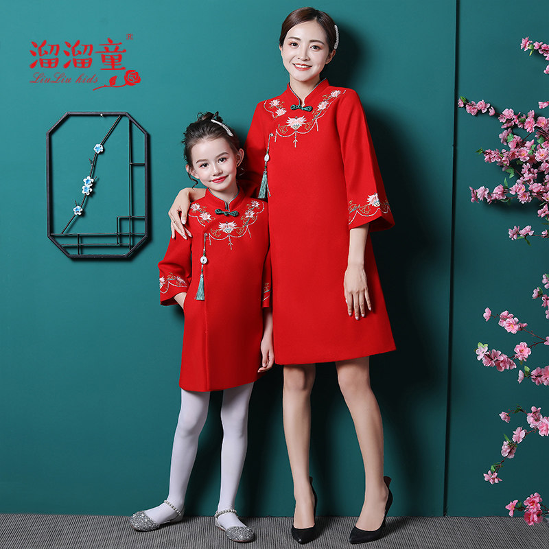 秋冬旗袍洋气母女装红色过年连衣裙 溜溜童亲子装/亲子时装