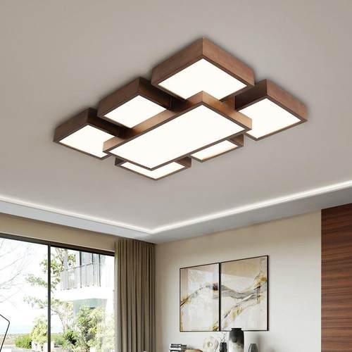 新中式客厅吸顶灯现代简约极简主卧室灯实木LED几何创意灯具7102-图0