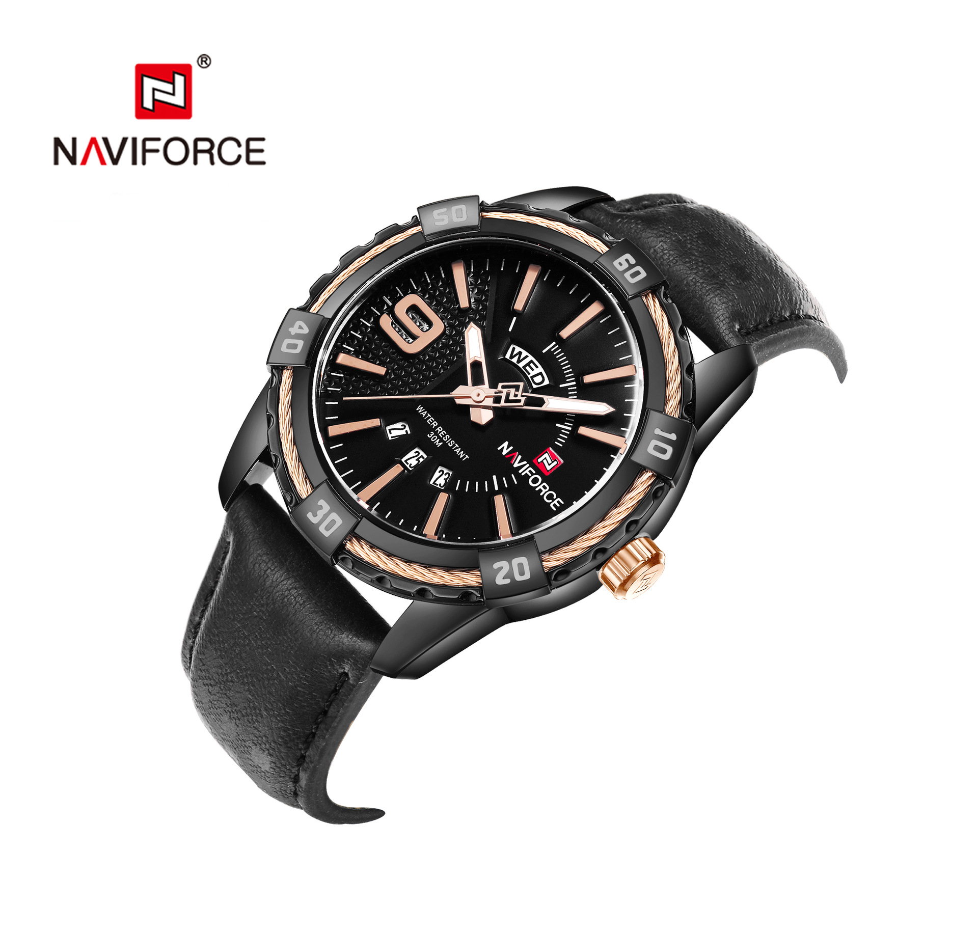 NAVIFORCE 领翔9117皮带手表 日期 星期男士石英手表 防水男表 - 图0