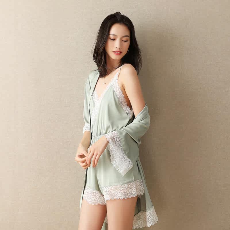 leomuna丝绸唯美蕾丝连体吊带睡袍 leomuna睡衣/家居服套装