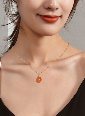 钛钢可爱红玛瑙水蜜桃锁骨链女