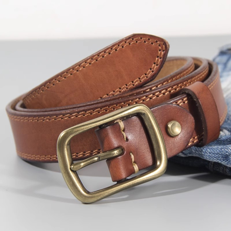 铜扣皮带女真皮 头层纯牛皮手工复古ins风潮棕色百搭牛仔裤腰带软 - 图0