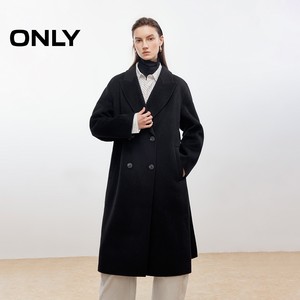 ONLY2025冬季新款100%绵羊毛双面呢纯色双排扣长款毛呢大衣外套女