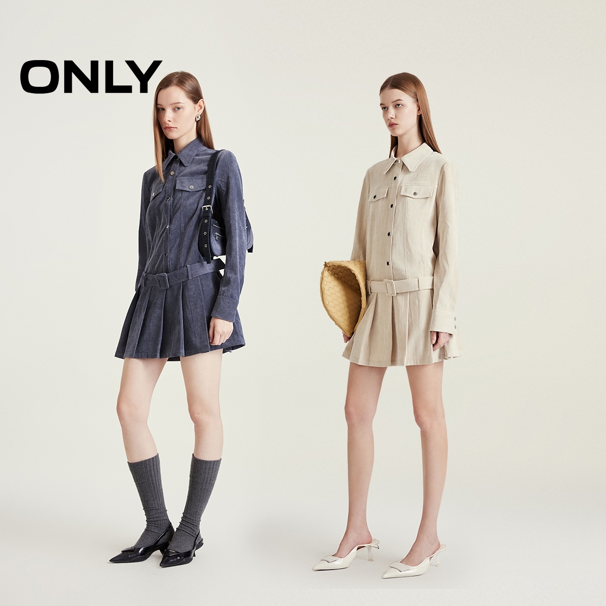 绫致ONLY秋冬新工装风翻领百褶短裙衬衫连衣裙女时尚潮 - 图1