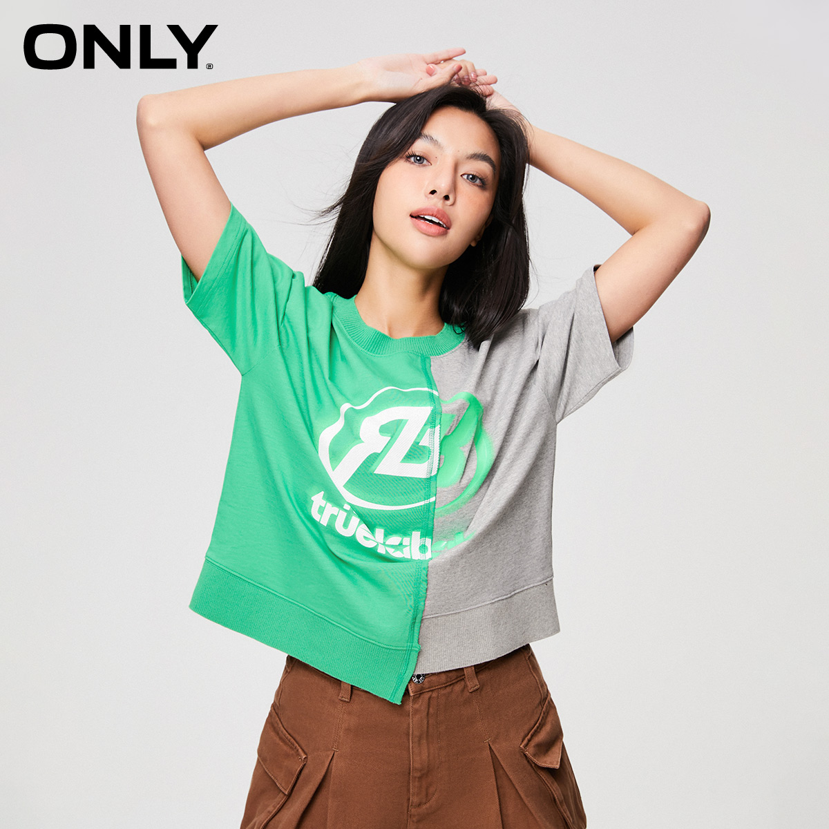 ONLY休闲潮酷不对称字母圆领拼色T恤