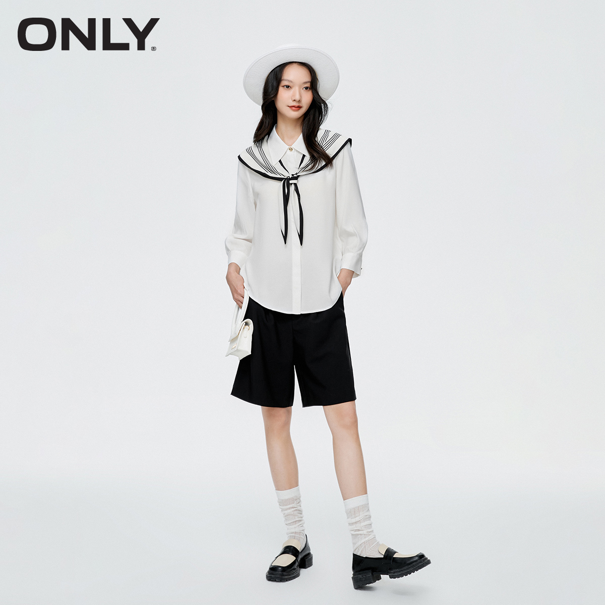 ONLY时尚休闲可拆卸领巾纯色九分袖衬衫