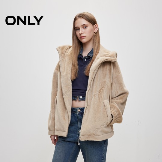 ONLY冬季OVERSIZE连帽落肩环保皮草棉服女|124422002