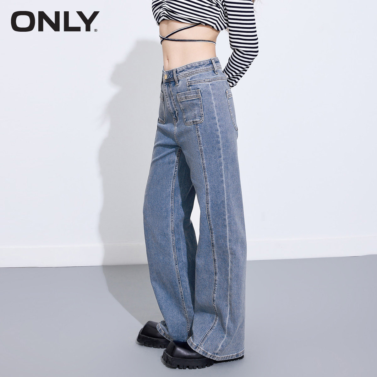 ONLY2024夏季新款时尚口袋双裤线修身显瘦高腰宽松微喇裤牛仔裤女-图0