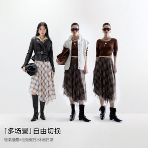 ONLY2026春季新款复古格纹印花纱网不对称下摆A字中长款半身裙女