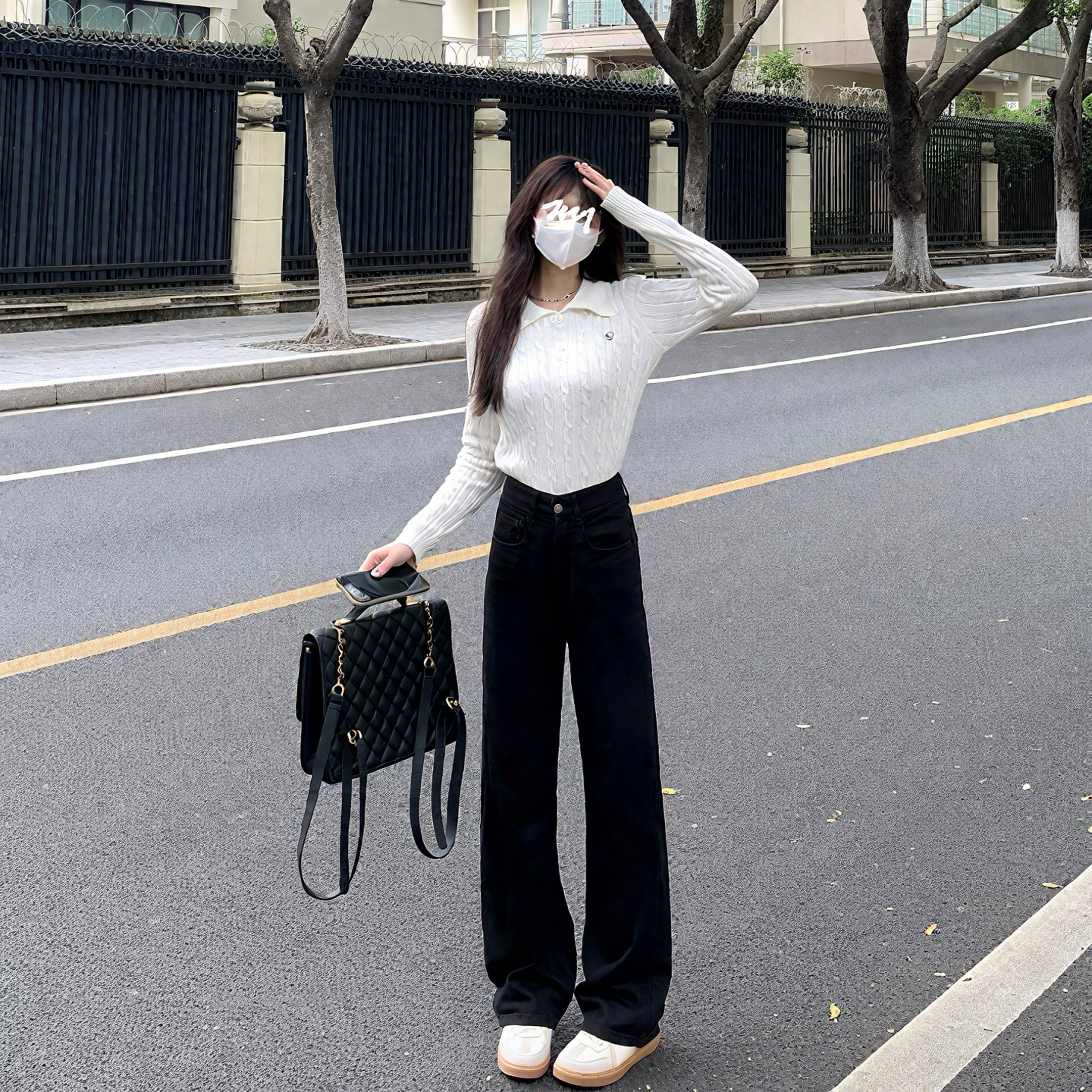 艾恩晟 牛仔裤黑色窄版阔腿裤女 高腰显瘦基础款宽松遮肉