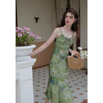 M Queen Atonement Green French Oil Painting Printed Suspender Fishtail Long Skirt Chiffon Cardigan Set ສອງຊິ້ນຊຸດ 9328