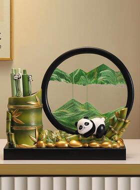 新中式熊猫抱竹3D流沙画笔筒