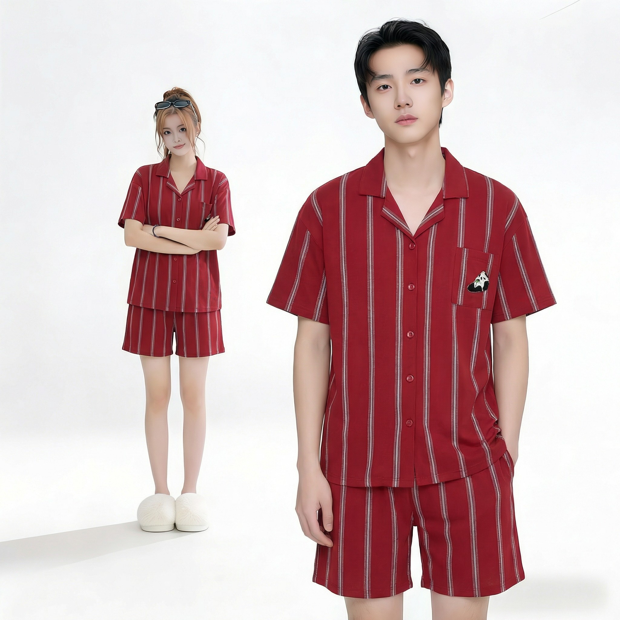 DPM【红纹熊侣】夏季开衫情侣睡衣带胸垫新郎新娘结婚家居服套装,淘宝优惠券,粉丝福利购,淘宝优惠卷