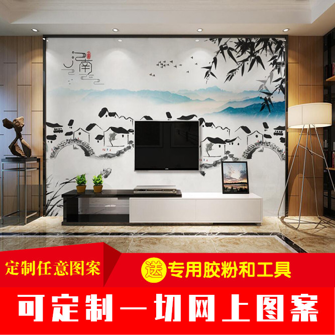 新中式极简江南水乡水墨山水画背景墙壁画餐厅墙纸餐厅餐馆墙纸,淘宝优惠券,粉丝福利购,淘宝优惠卷