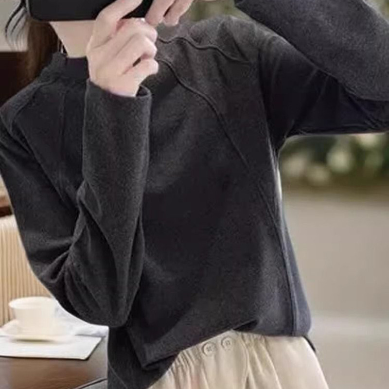 德绒磨毛保暖长袖打底衫女秋冬韩版宽松内搭可外穿半高领T恤上衣