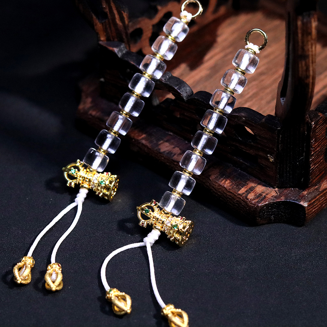 古法金降魔铃天然白水晶计数侧挂提溜菩提手串长串diy文玩配饰件 - 图0