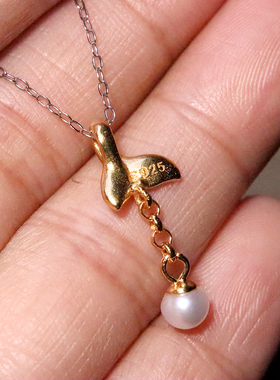 天然珍珠镶嵌纯银s925银镀金鲸鱼尾侧挂吊坠隔珠手串编绳文玩配饰