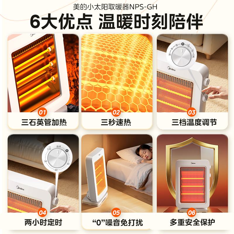 美的取暖器小型暖风机小太阳电暖气宿舍办公室桌下电暖器2025新款 - 图0