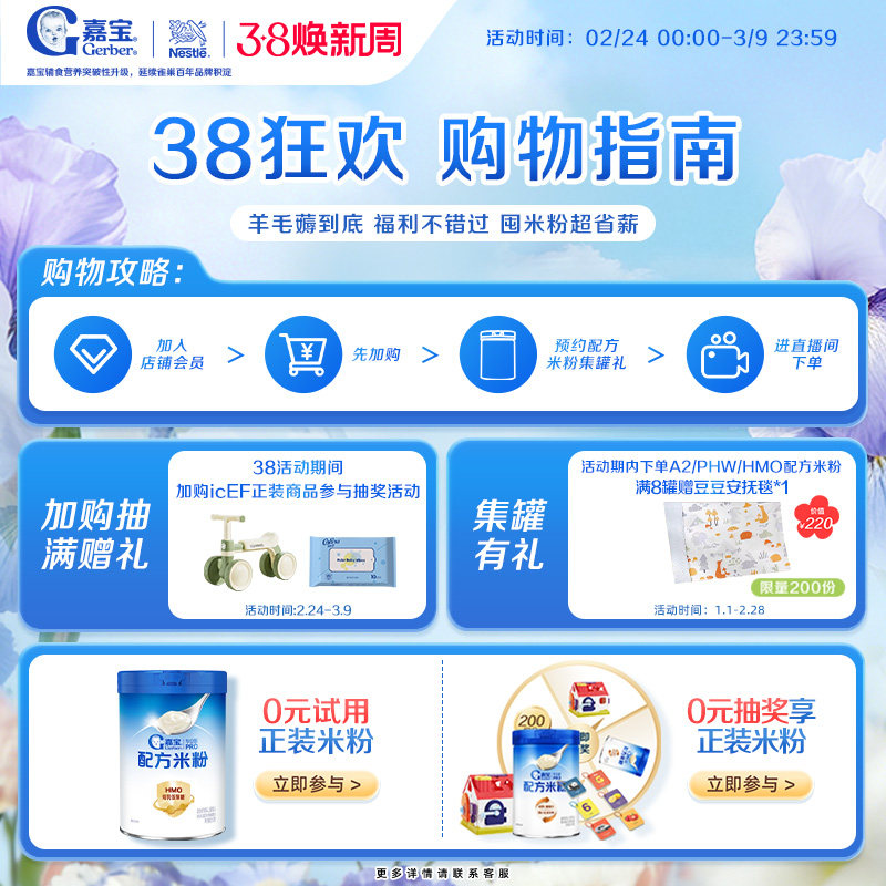 【新品】嘉宝配方米粉PHW部分水解蛋白益生菌高铁米粉2罐