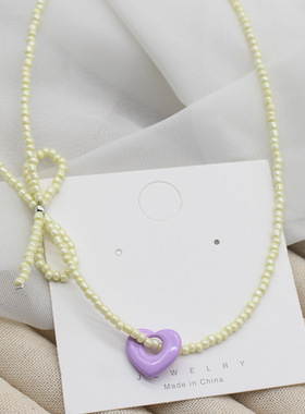 超仙法式蝴蝶结爱心串珠项链多巴胺夏天高级感小众气质简约锁骨链