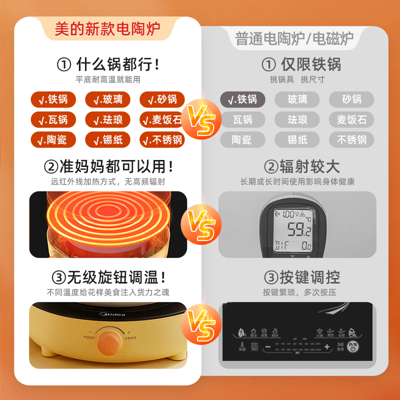 midea美的生活电器专卖店美的电陶炉家用爆炒智能电磁炉多功能一体低辐射无极调温节能磁炉1