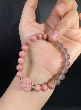 8MM天然血柏木搭配天然烟灰玛瑙玫瑰花手链手串手工男女佛珠文玩