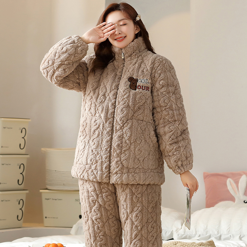 珊瑚绒睡衣女冬季加厚加绒三层夹棉套装法兰绒秋冬款可外穿家居服