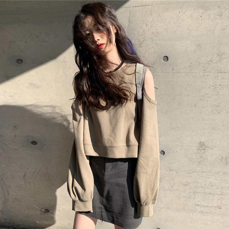 卡其色卡腰短款女秋圆领高级感卫衣 百思朵卫衣/绒衫