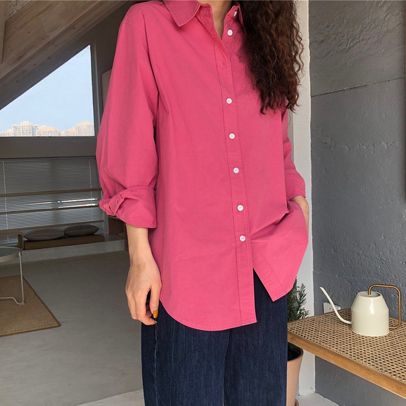 百思朵树莓色女玫粉色宽松长袖衬衫 百思朵衬衫