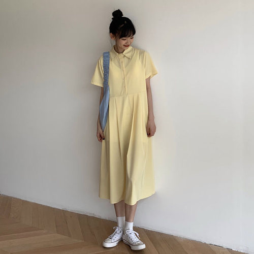 夏季chic鹅黄色连衣裙淡黄色仙女长裙过膝坠感短袖奶油黄雪纺裙子 - 图1
