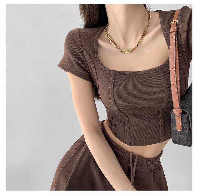Hot Girl Pure Desire Fishbone U Neck Right Shoulder ເສື້ອຍືດແຂນສັ້ນສໍາລັບແມ່ຍິງ