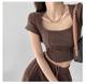 Hot Girl Pure Desire Fishbone U Neck Right Shoulder ເສື້ອຍືດແຂນສັ້ນສໍາລັບແມ່ຍິງ