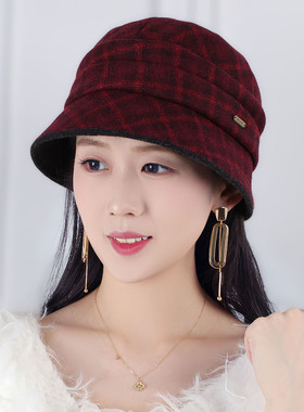 盆帽逛街英伦女春秋短檐格纹