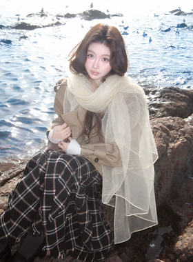 韩系双层丝巾ins风女2026新款高级氛围感清冷薄纱旅游披肩围巾女