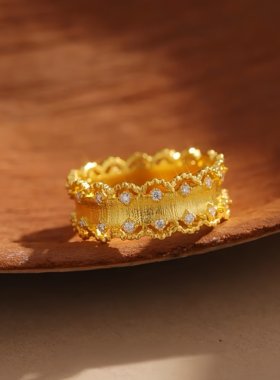 复古金色拉丝闪钻戒指女