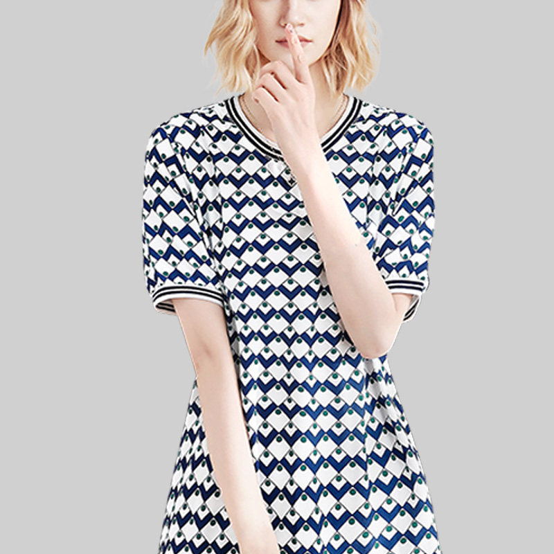 印花圆领短袖连衣裙女2025年夏季复古显瘦遮肉设计感百褶a字裙潮